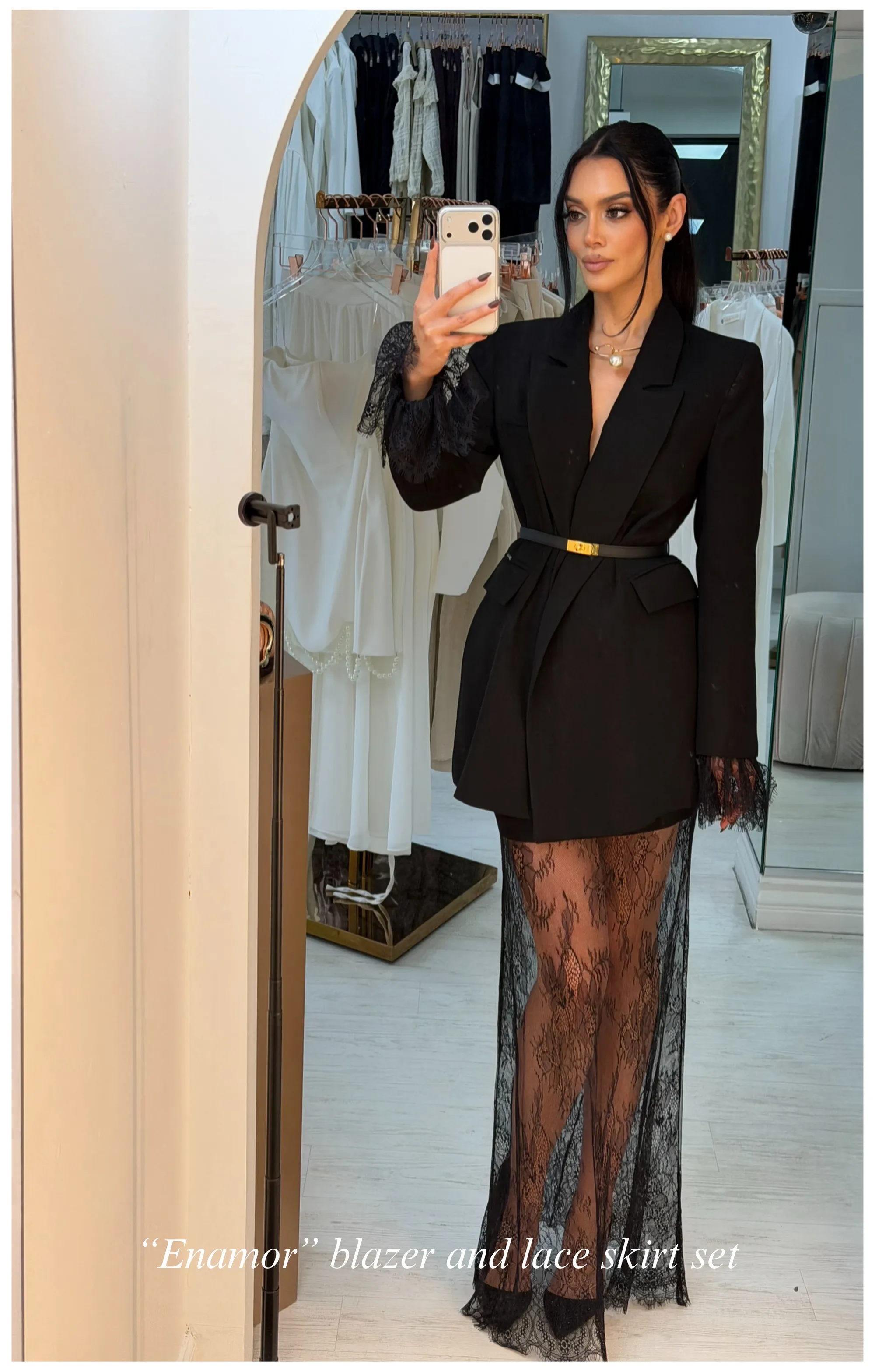 Enamor blazer and lace skirt set