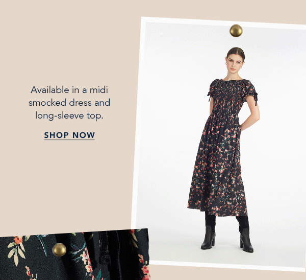 Available in a midi smocked dress and long-sleeve top.