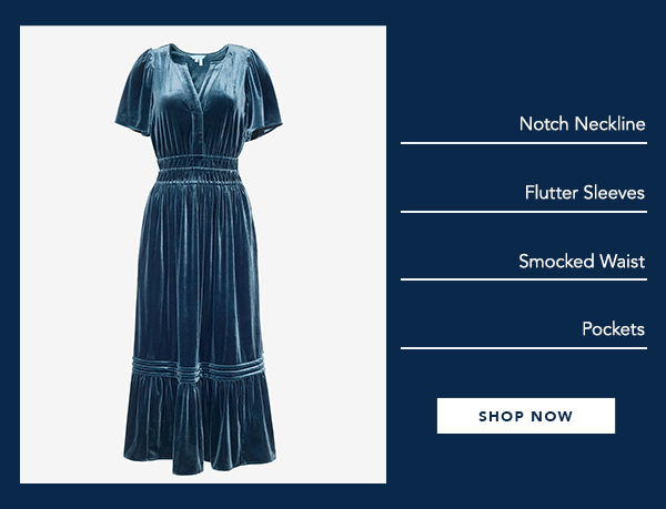 Featuring a notch neckline, flutter sleeves, smocked waist, and pockets.