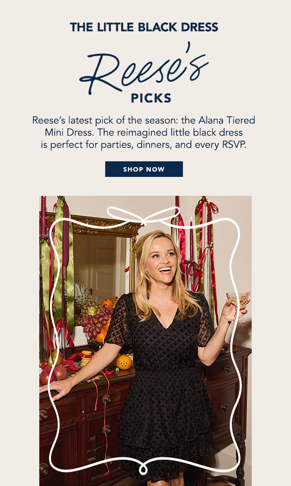 Reese's latest pick of the season: the Alana Tiered Mini Dress. The reimagined little black dress is perfect for parties, dinners, and every RSVP.