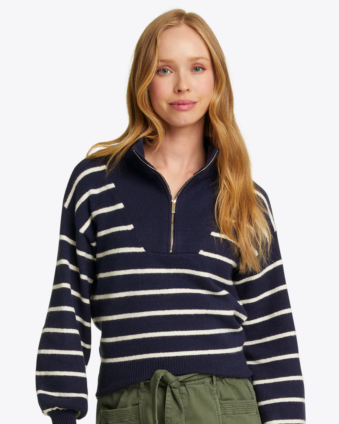 Image of Striped Quarter Zip Sweater in Mariner Stripe