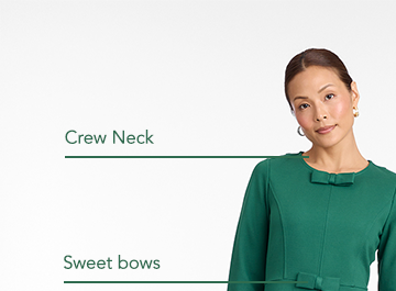 Featuring a crew neck, sweet bows, and curved hem detail.