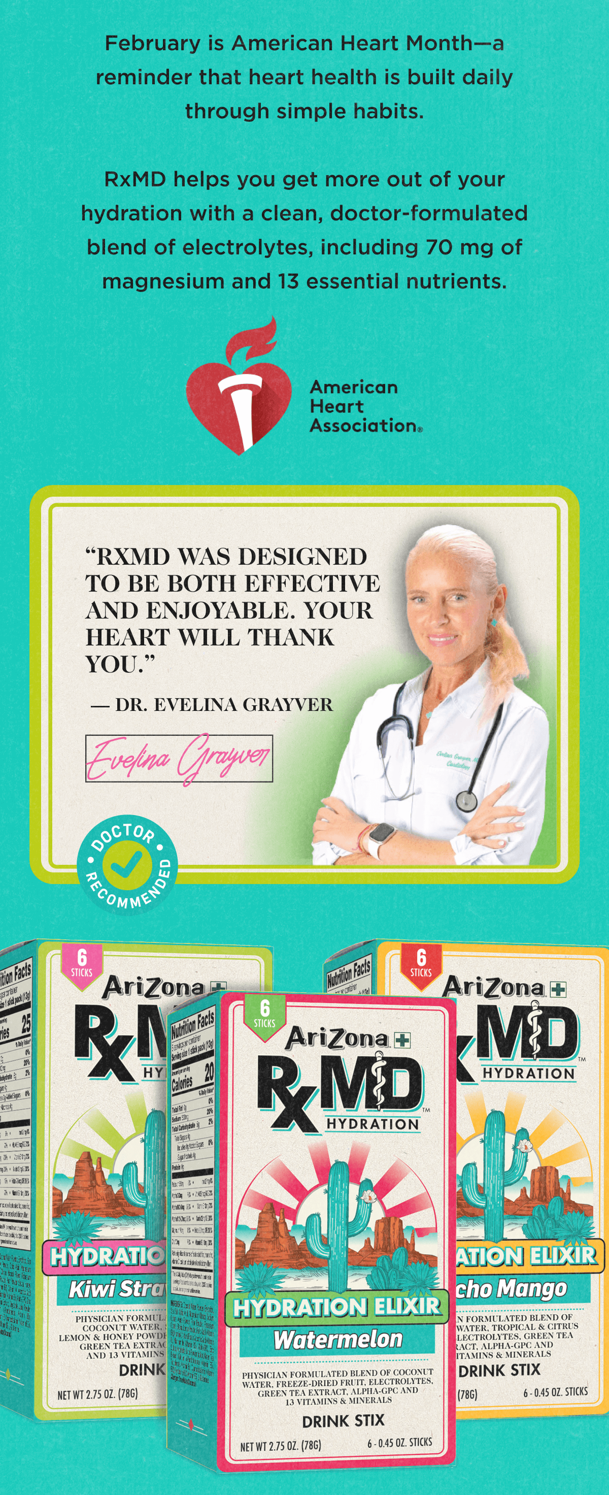 February is American Heart Month. RXMD helps you get hydrated. Shop now. For limited time free Water Bottle with purchase of RXMD Stix Pack.