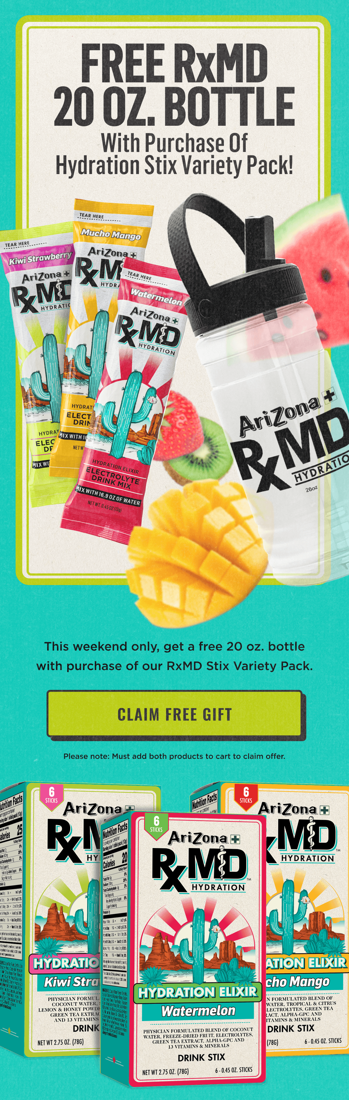 Free RXMD 20 oz. bottle with purchase of hydration stix variety pack.