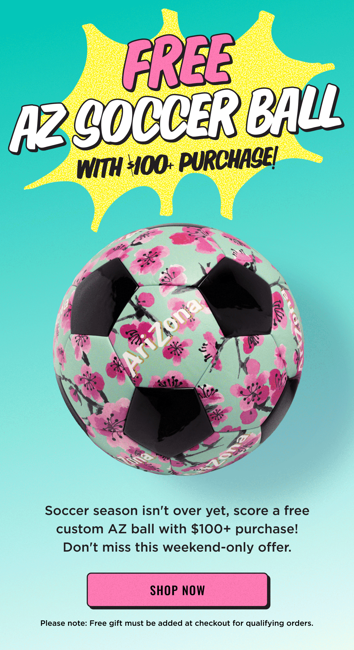 Free AZ Soccer Ball with $100+ Purchase. Please note must add free gift at cart to checkout to claim on qualifying purchases.