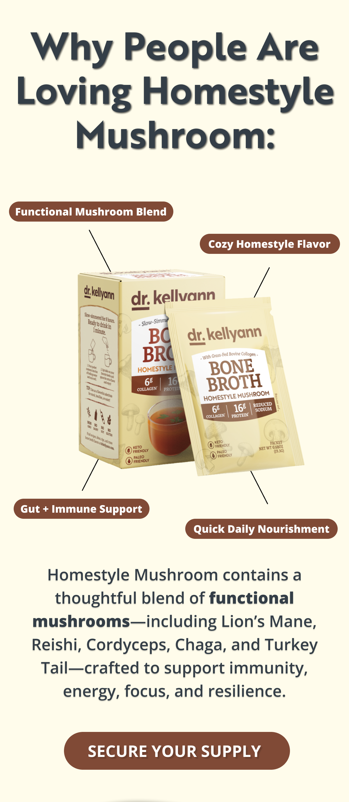 why people are loving homestyle mushroom: homestyle mushroom contains a thoughtful blend of functional mushrooms - including lion's mane, reishi, cordyceps, chaga, and turkey tail- crafted to support immunity, energy, focus, and resilience. secure your supply