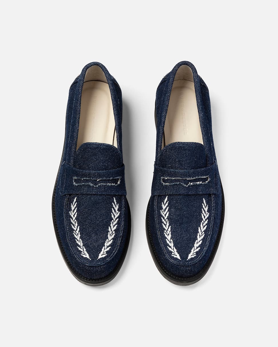 Wilde Indigo Denim Wreath Embroidered Penny Loafer - Men's