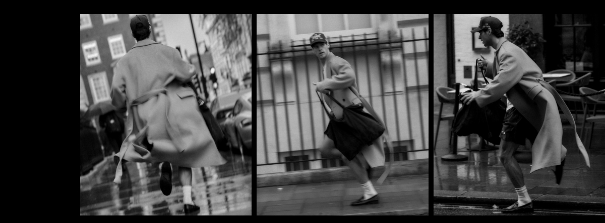a contact sheet of a man running down the street in a large overcoat