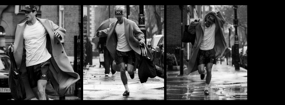 a contact sheet of a man running down the street in a large overcoat