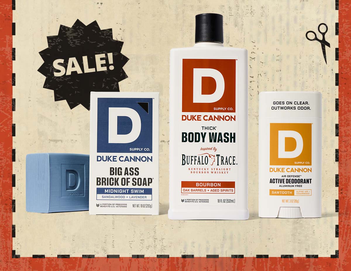 Sale! Featuring Big Ass Brick of Soap Midnight Swim, THICK Body Wash Bourbon and Active Deodorant Sawtooth.