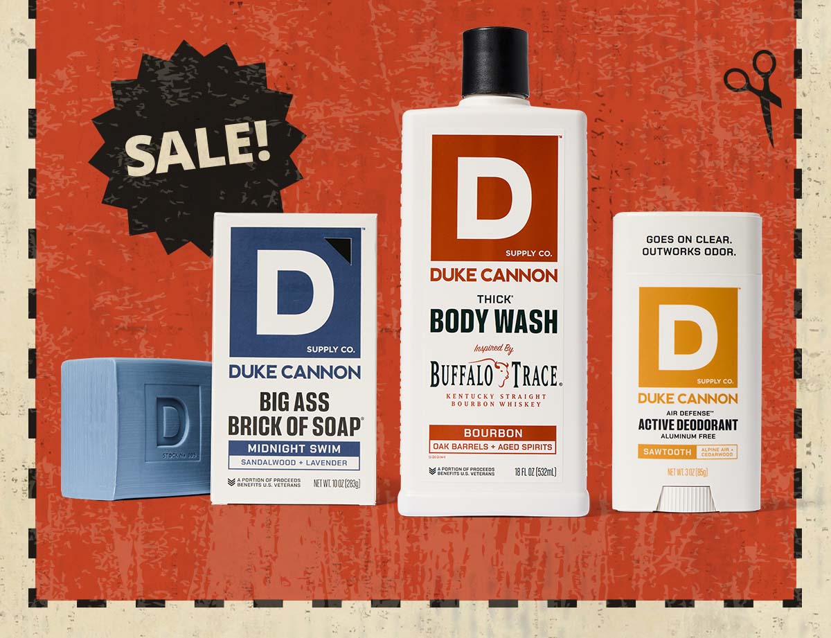 Sale! Featuring Big Ass Brick of Soap Midnight Swim, THICK Body Wash Bourbon and Active Deodorant Sawtooth.