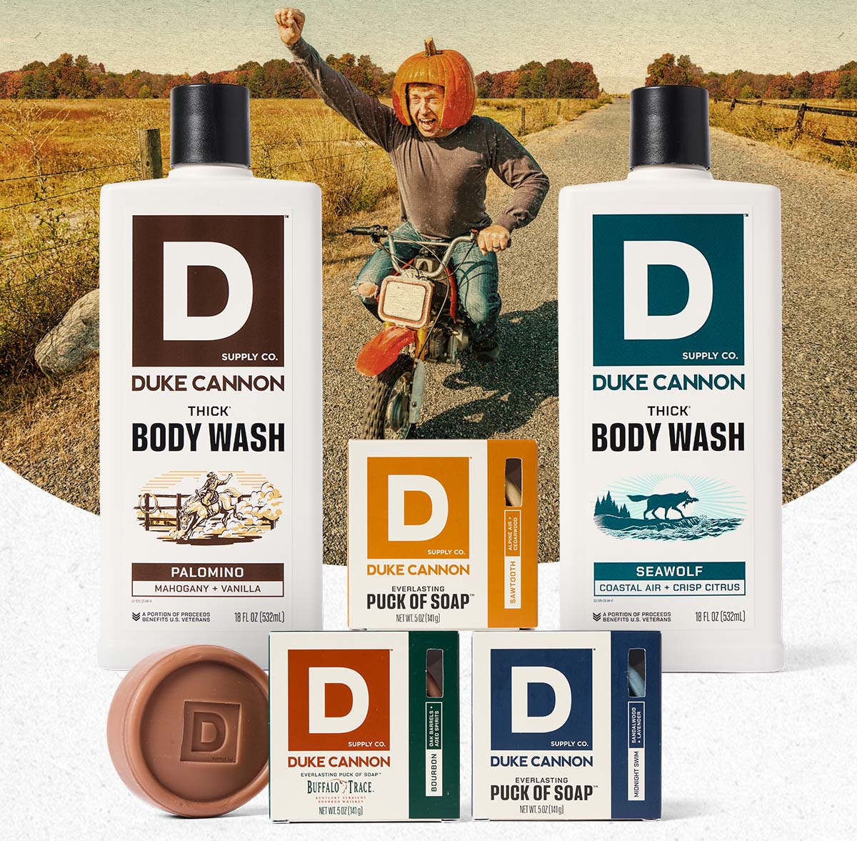 Duke Cannon Products THICK Body Wash Palomino + Seawolf body washes. Three Puck of Soap bars: Sawtooth, Palomino and Midnight Swim.