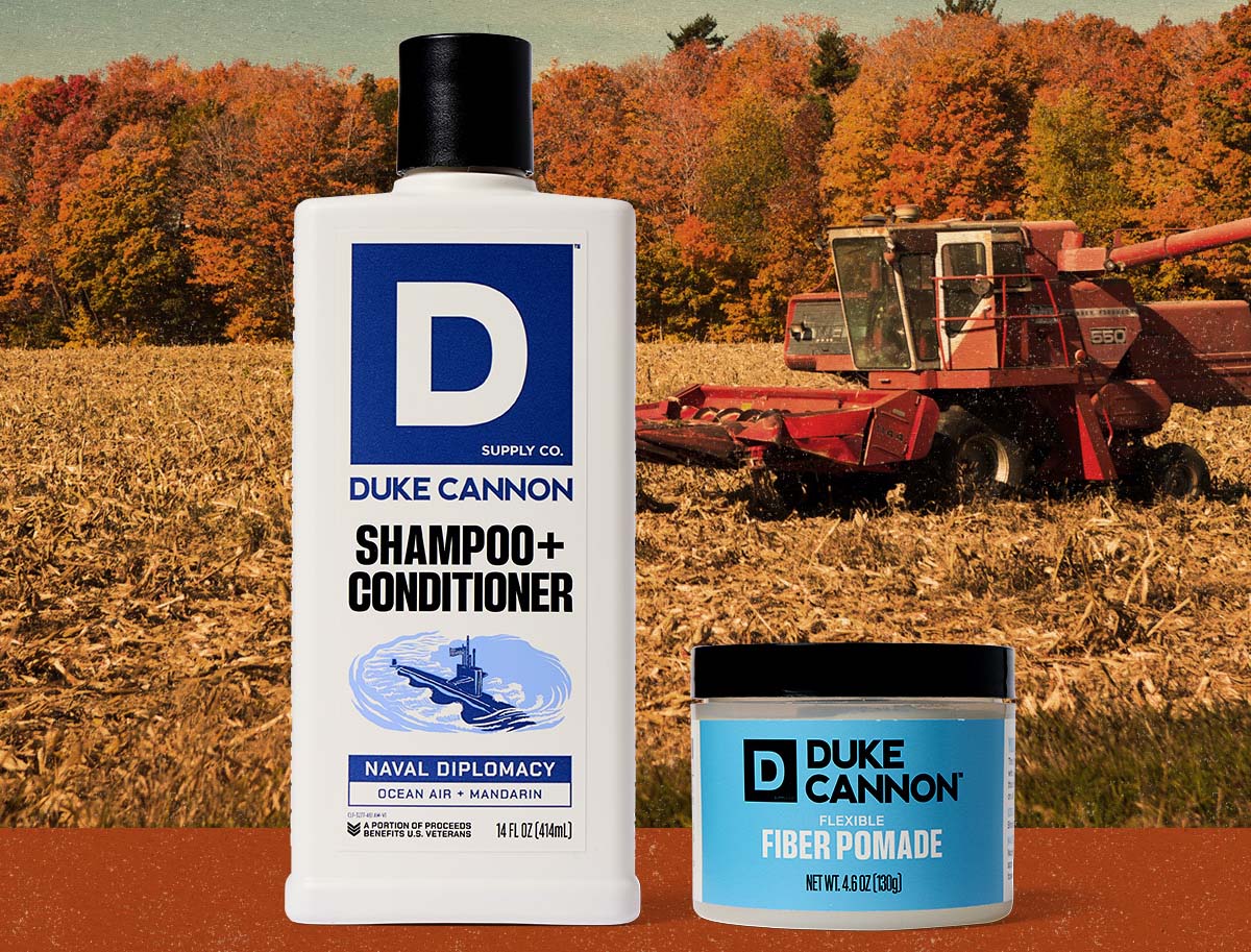Shampoo + Conditioner. Naval Diplomacy. Duke Cannon Fiber Pomade. Both these products are featured.