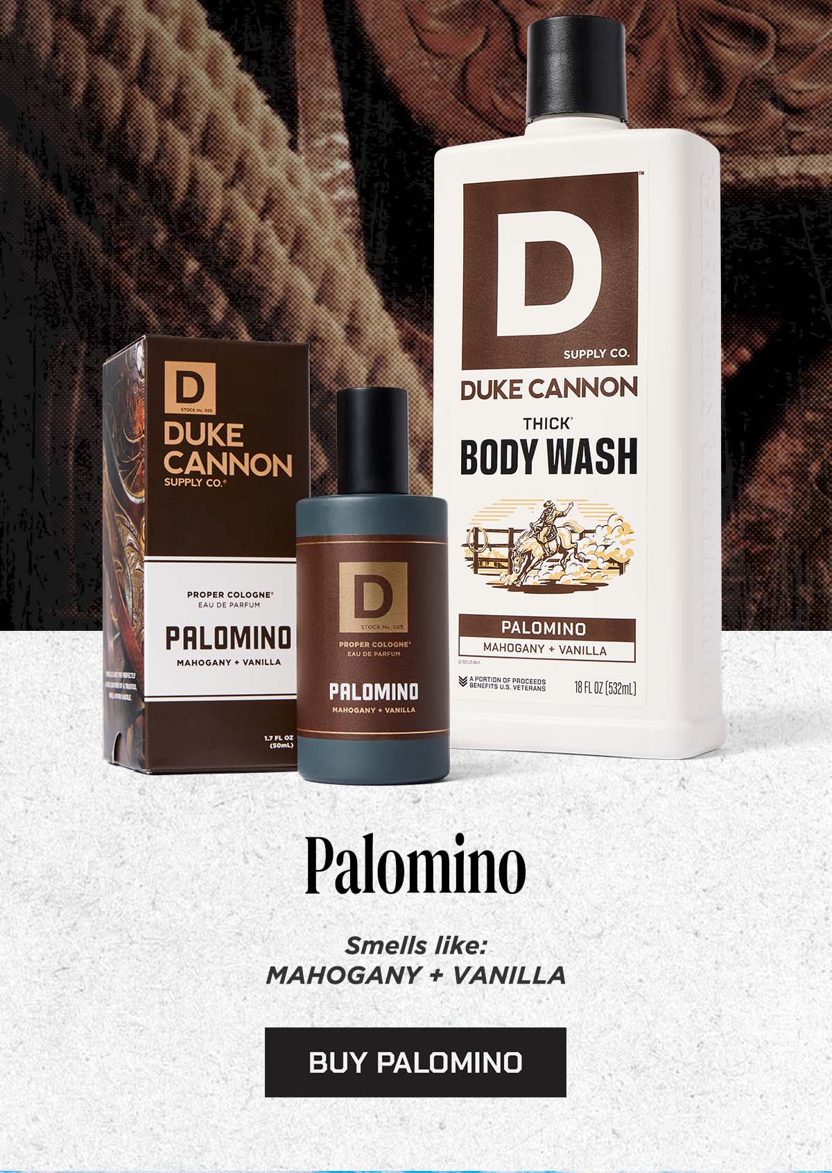 Duke Cannon's Palomino Products: Body Wash and Cologne. Smell like: Mahogany + Vanilla