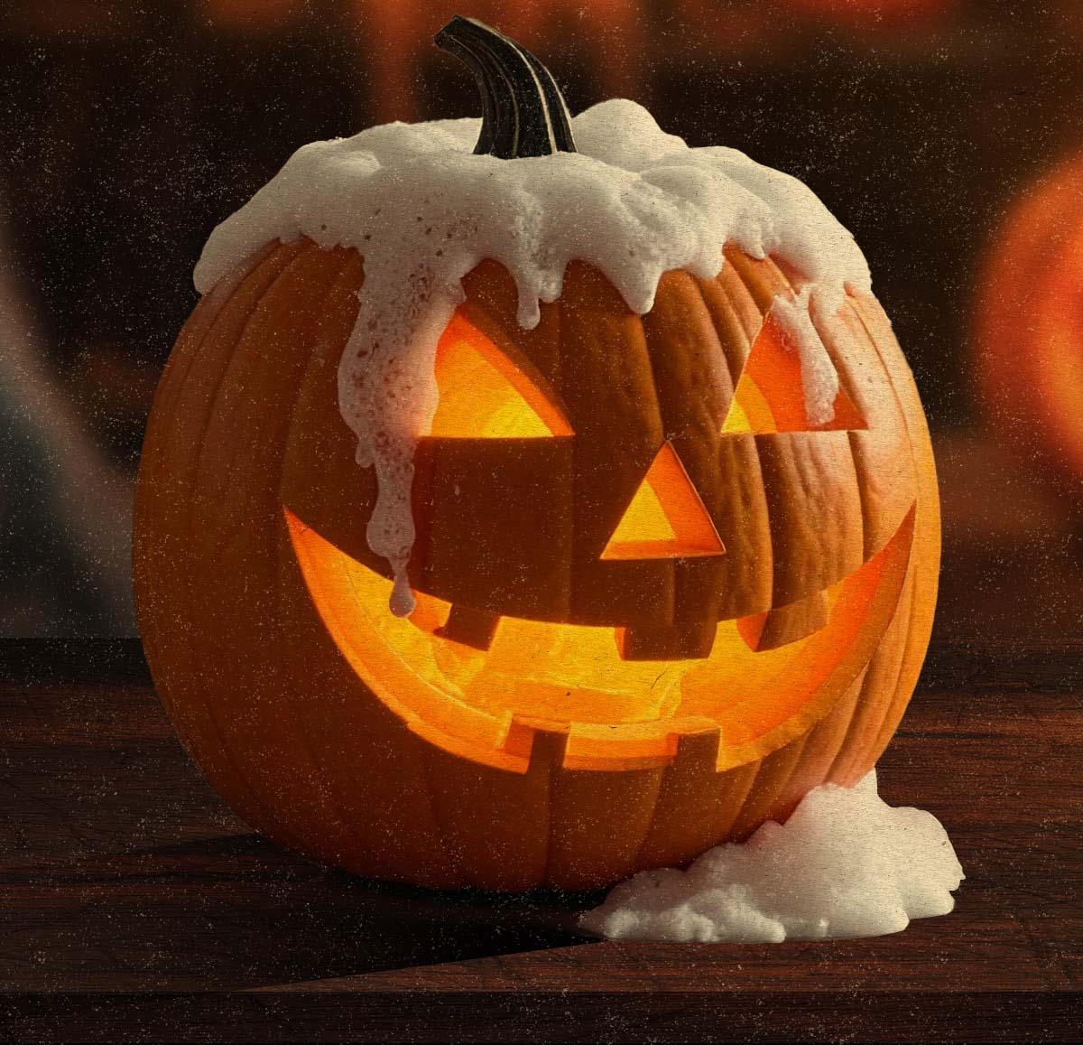 A Jack-o-lantern with foam on it.