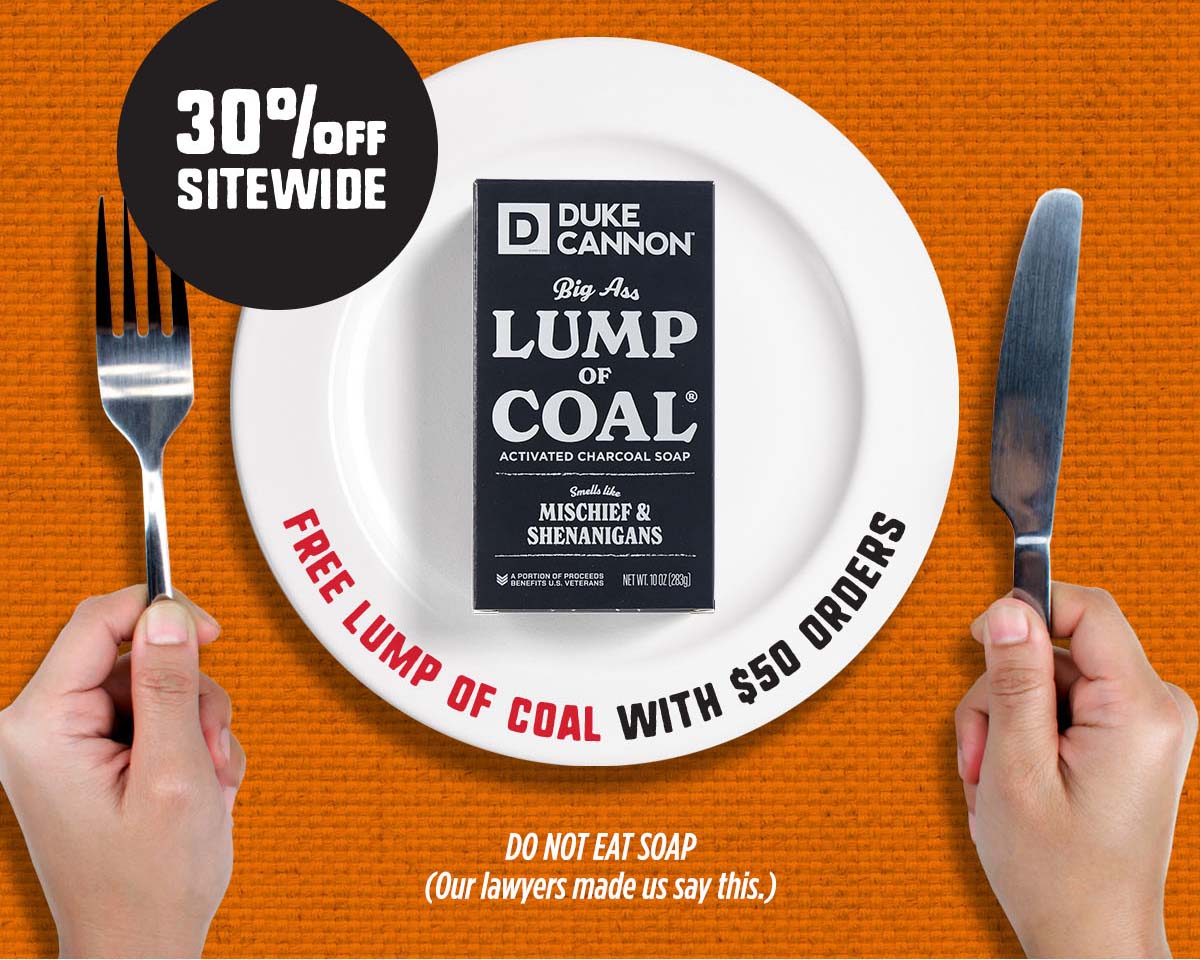 30% Off Sitewide. Featuring a Lump of Coal Bar Soap on a plate