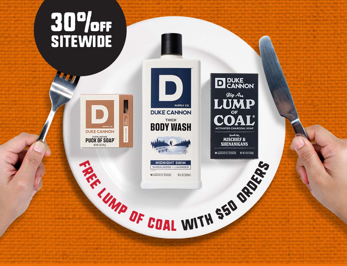 30% Off Sitewide. Featuring a Lump of Coal Bar Soap on a plate
