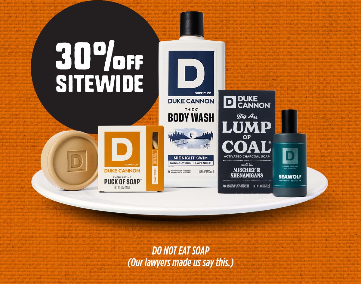 30% Off Sitewide. Featuring a Lump of Coal Bar Soap on a plate