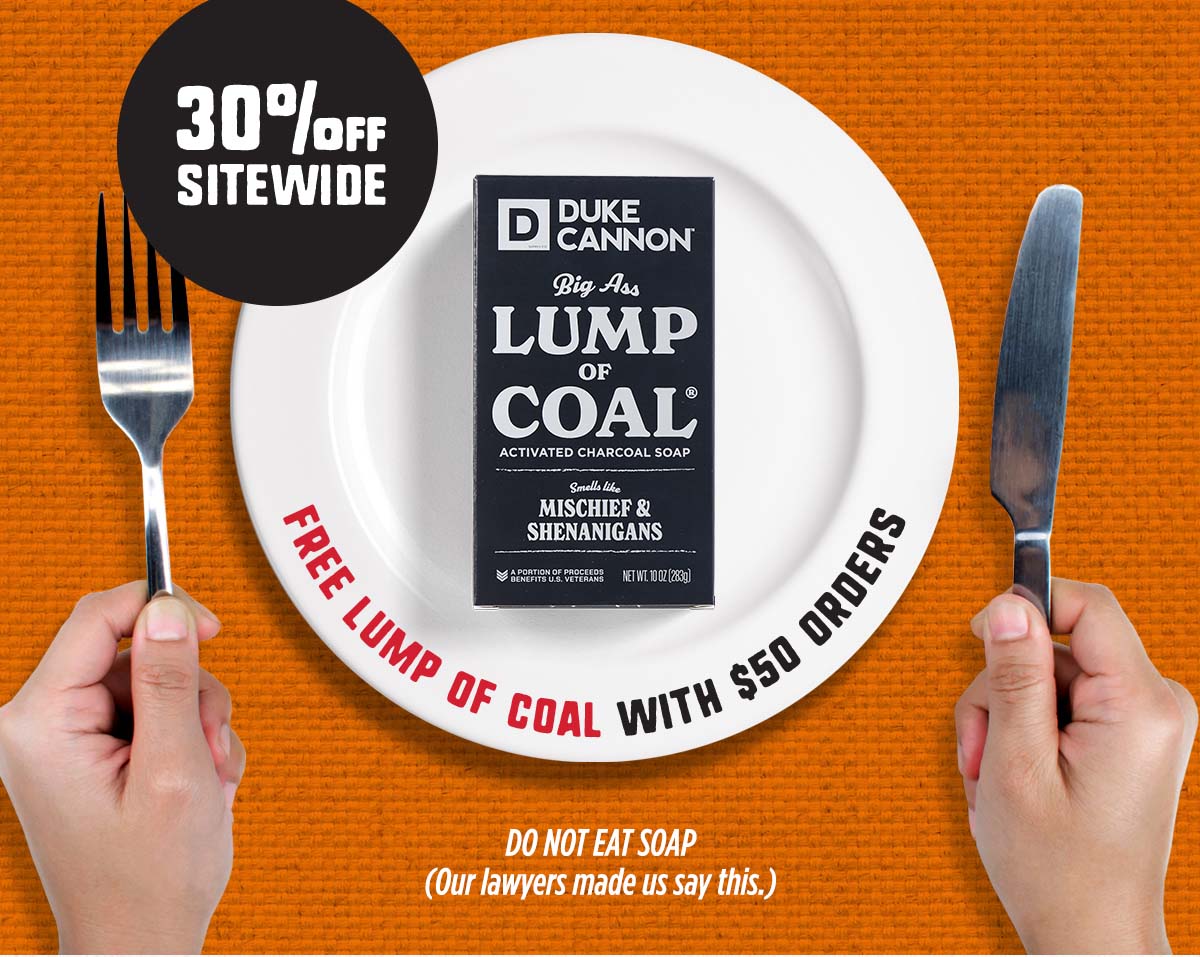 30% Off Sitewide. Featuring a Lump of Coal Bar Soap on a plate