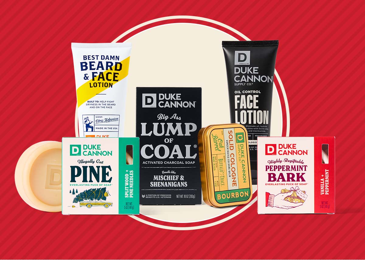Image showing 6 Dukle Cannon products from a variety of categories. Beard & Face lotion. Illegally Cut Pine. Bigg Ass Lump of Coal. Oil Control Face Lotion. Peppermint Bark Puck.