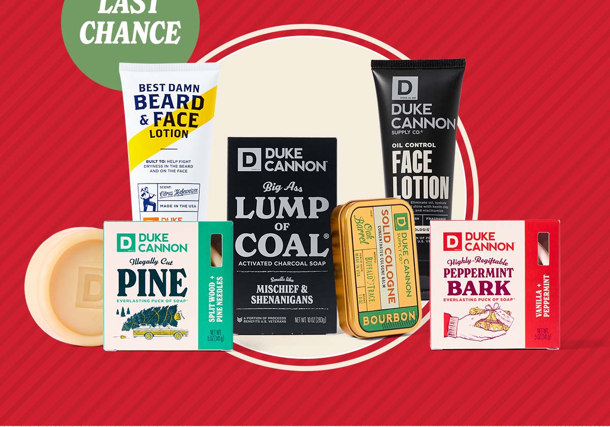 Image showing 6 Dukle Cannon products from a variety of categories. Beard & Face lotion. Illegally Cut Pine. Bigg Ass Lump of Coal. Oil Control Face Lotion. Peppermint Bark Puck.