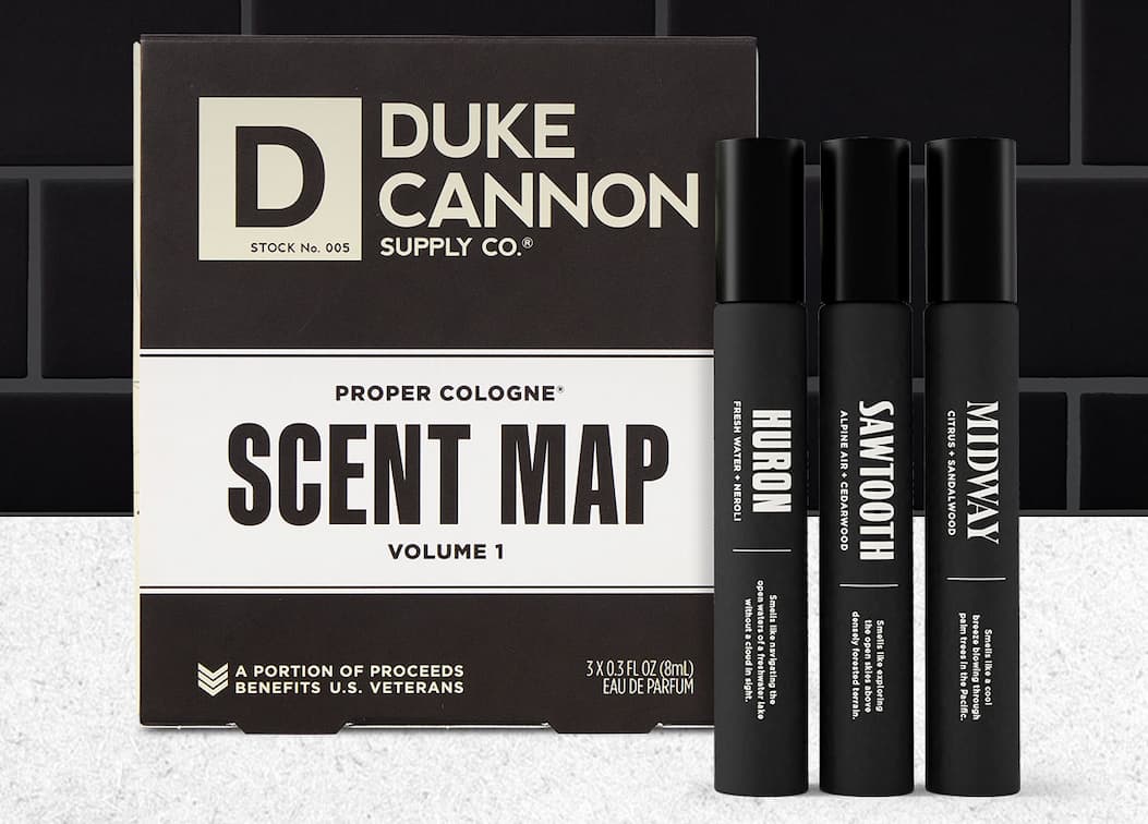 Duke Cannon Proper Cologne Scent Map. Featuring Huron, Sawtooth and Midway.
