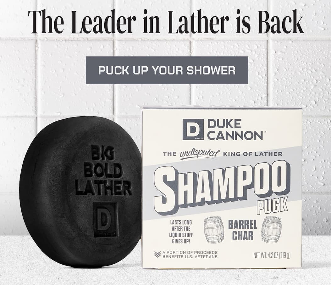 The Leader in Lather is Back. Puck up your shower. Featuring the Shampoo Puck next to it's packaging.