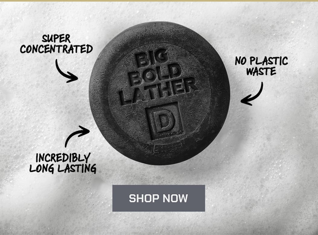 The Shampoo Puck with it's features written next to it: Super Concentrated, No plastic waste, incredibly long lasting. Shop Now.