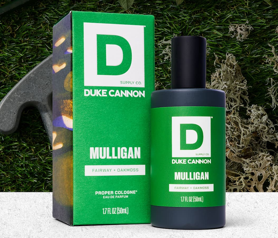 Duke Cannon Proper Cologne Mulligan Fairway + Oakmoss. With a golf like background.