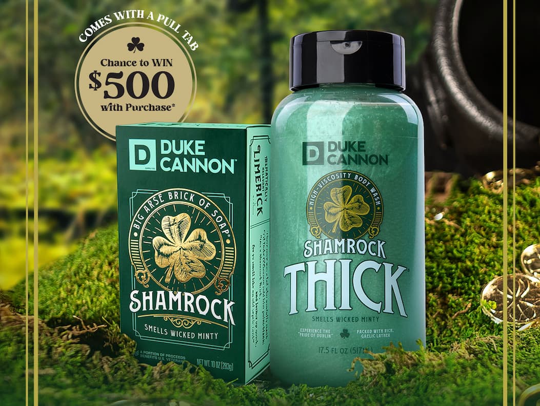 Duke Cannon's Shamrock Brick and Thick. Comes with a pull tab. Chance to win $500 with purchase