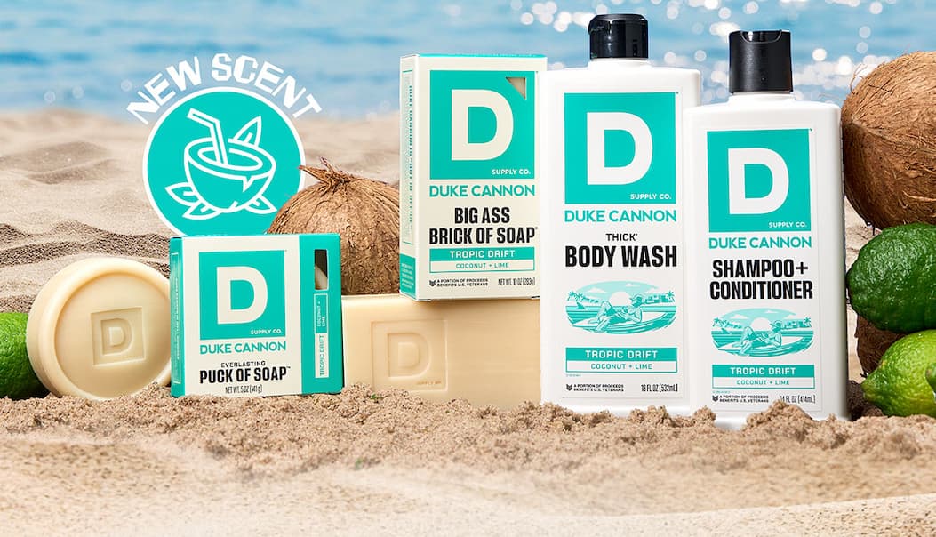 New Scent. Tropic Drift products - Everlasting Puck of Soap, Big Ass Bricks of Soap, THICK Body Wash, Shampoo + Conditioner.