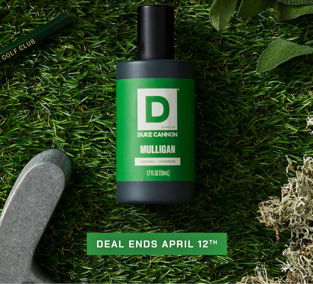 Mulligan Proper Cologne on a grass background. Deal ends April 12th.