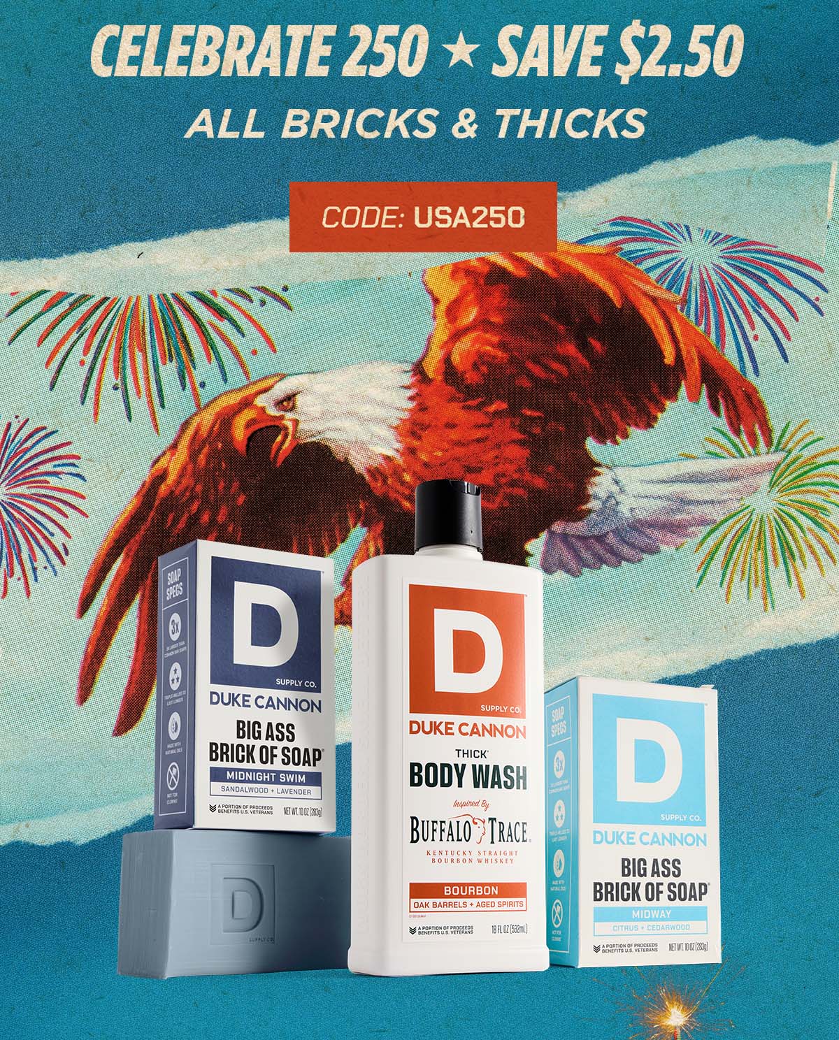 Three Duke Cannon products with a bald eagle behind them and fireworks.