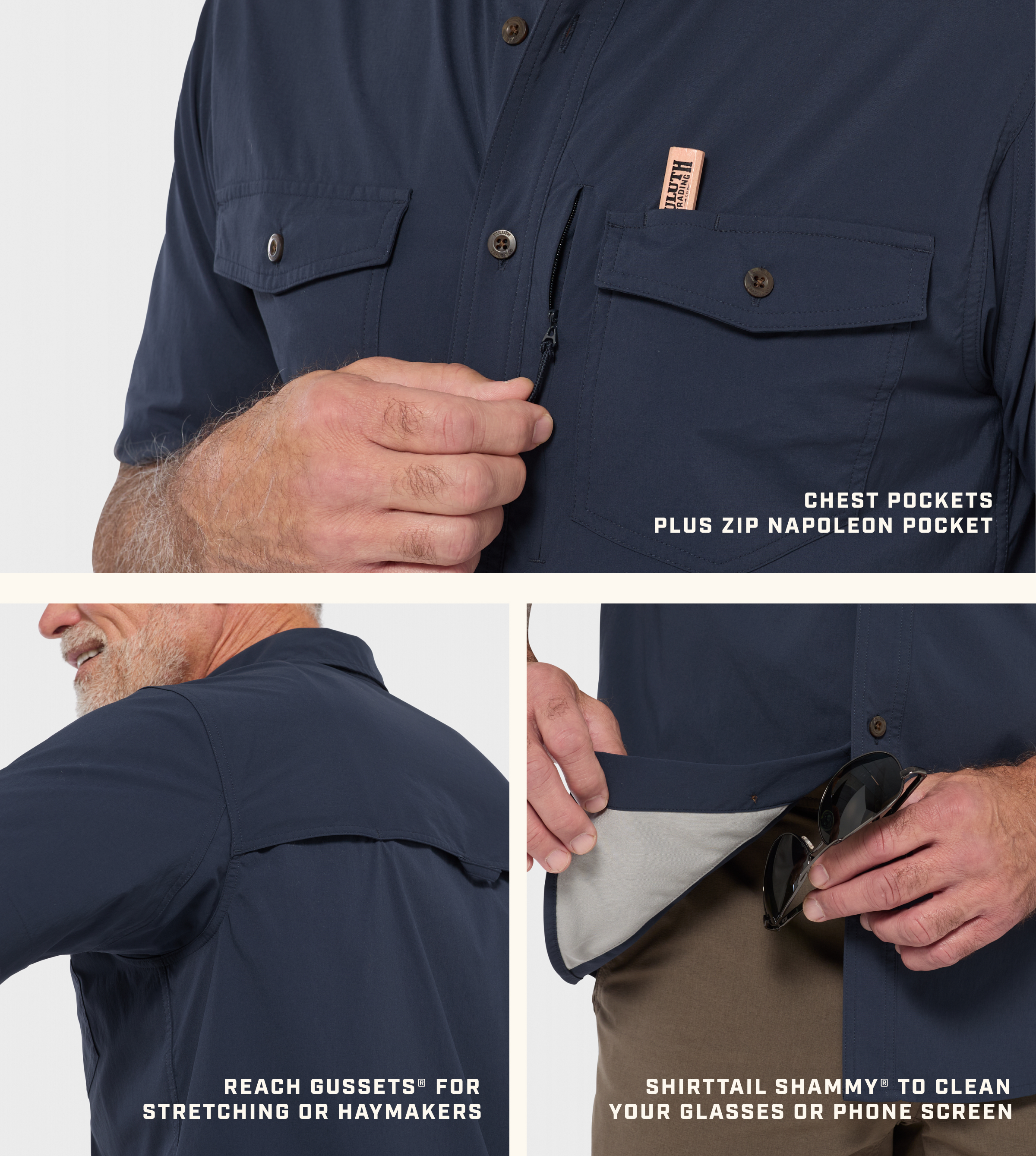 Reach Gussets For Stretching or Haymakers. Chest Pockets Plus Zip Napoleon Pocket. Shirttail Shammy to clean your glasses or phone screen