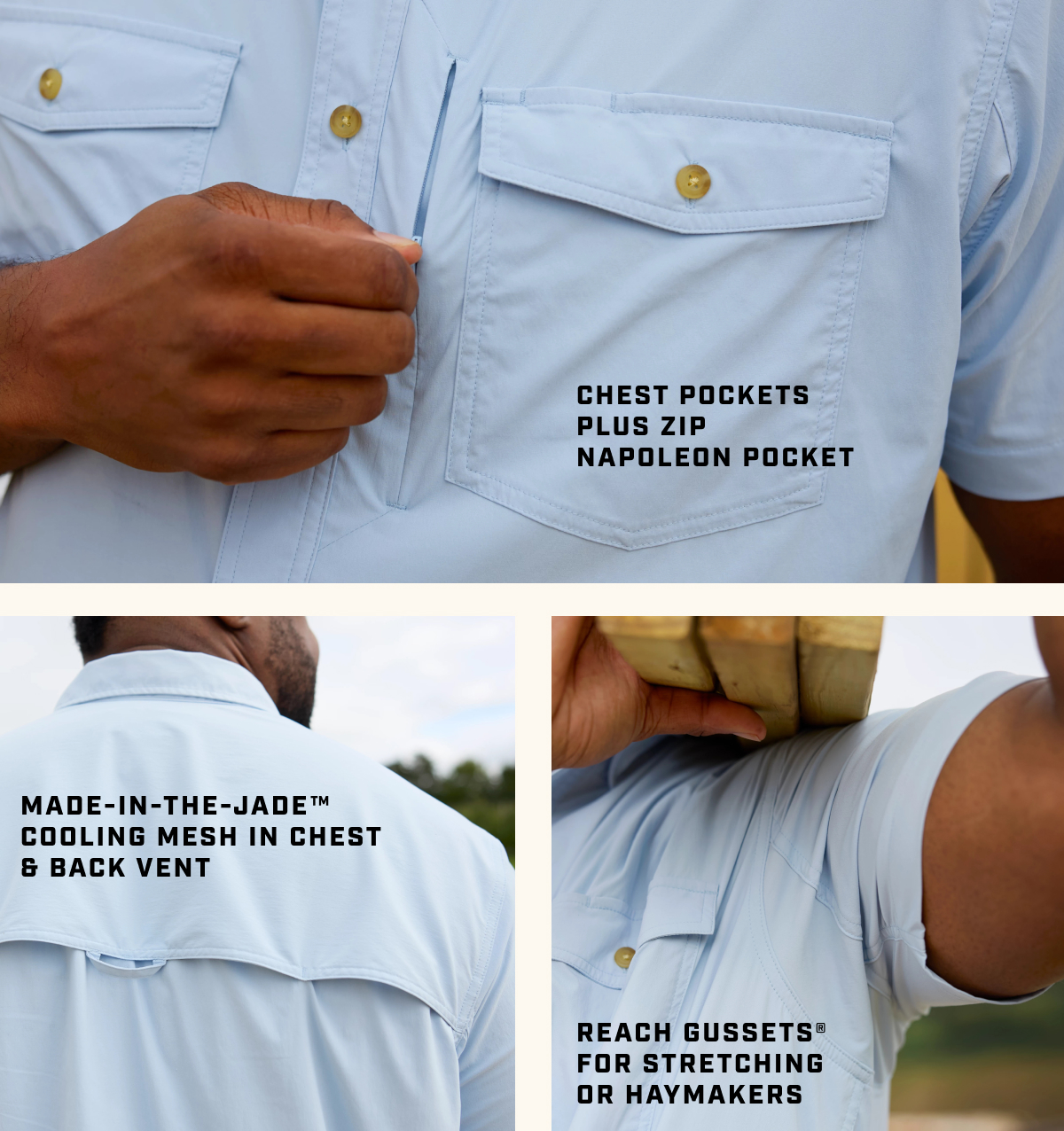 Chest pockets plus zip Napoleon pocket - Made-in-the-Jade cooling mesh in chest & back vent - Reach Gussets for stretching or haymakers
