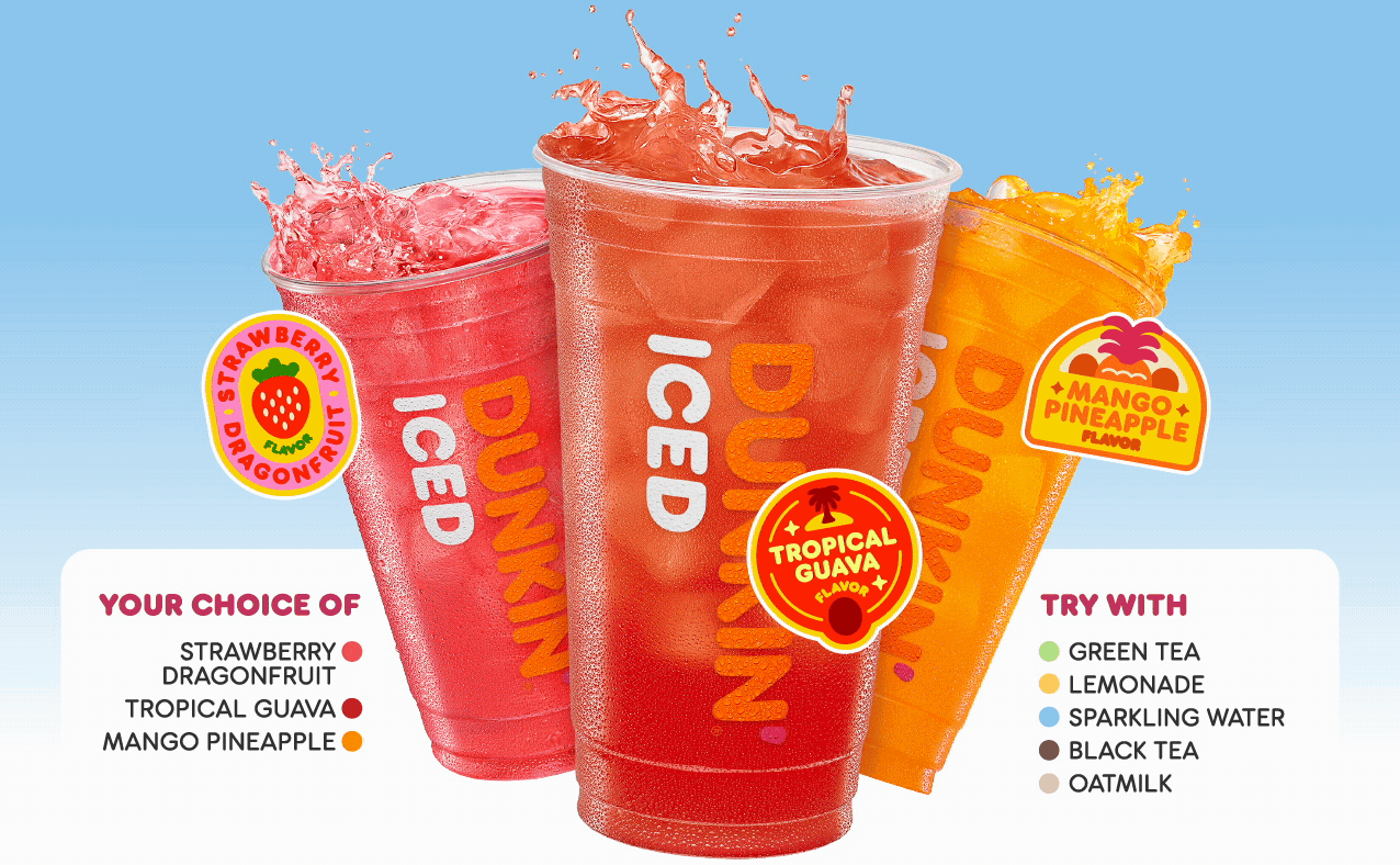 Try our three flavors with your choice of Green Tea, Lemonade, Sparkling Water, Black Tea or Oatmilk.