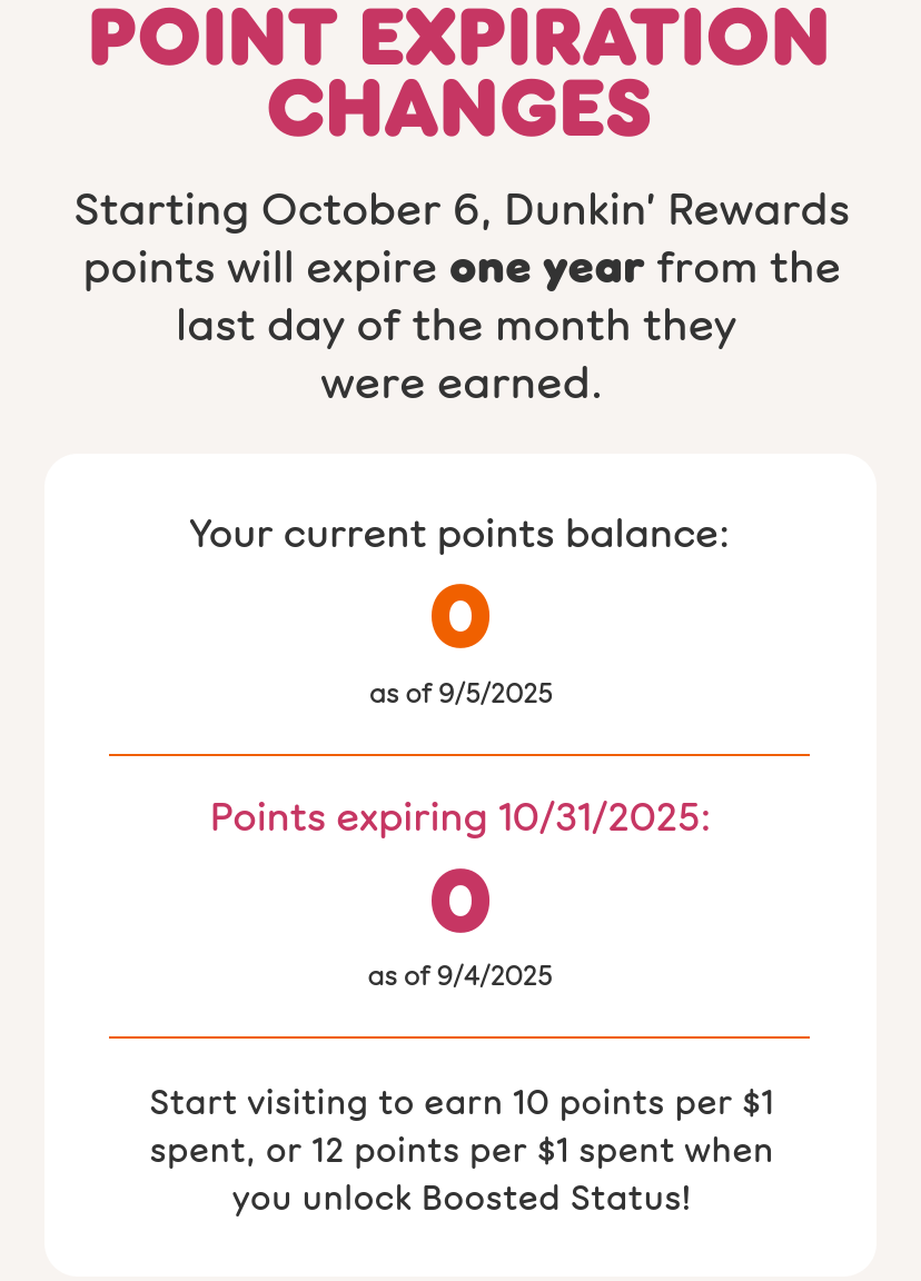 Point expiration changes. Starting October 6, Dunkin' Rewards points will expire one year from the last day of the month they were earned. Keep visiting to earn 10 points per $1 spent, or 12 points per $1 spent when you unlock Boosted Status.