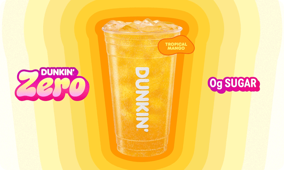 Dunkin' Zero drink flavors and name tags change as the matching color rays for each drink radiate outward from the drink images.