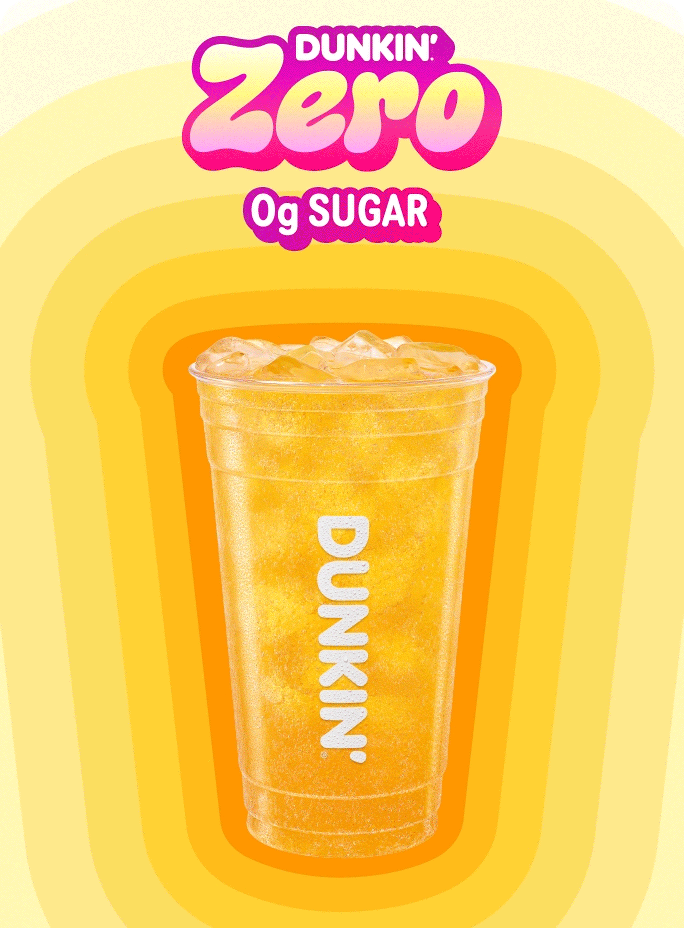 Dunkin' Zero drink flavors and name tags change as the matching color rays for each drink radiate outward from the drink images.
