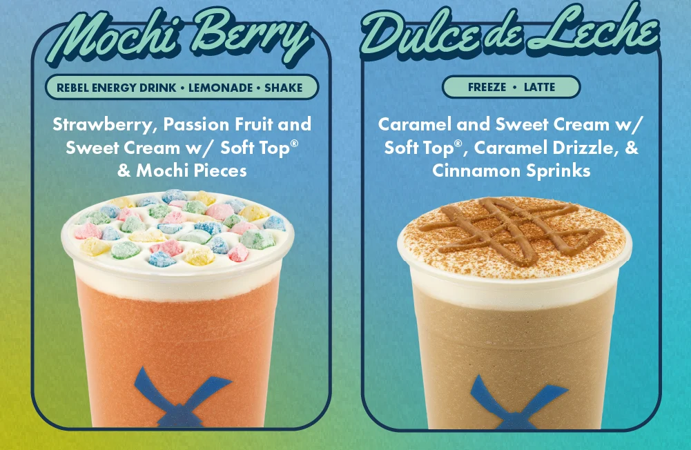 Mochi Berry - Rebel Energy Drink, Lemonade, Shake - Strawberry, Passion Fruit and Sweet Cream w/ Soft Top® & Mochi Pieces | Dulce de Leche - Freeze, Latte - Caramel and Sweet Cream w/ Soft Top®, Caramel Drizzle, & Cinnamon Sprinks