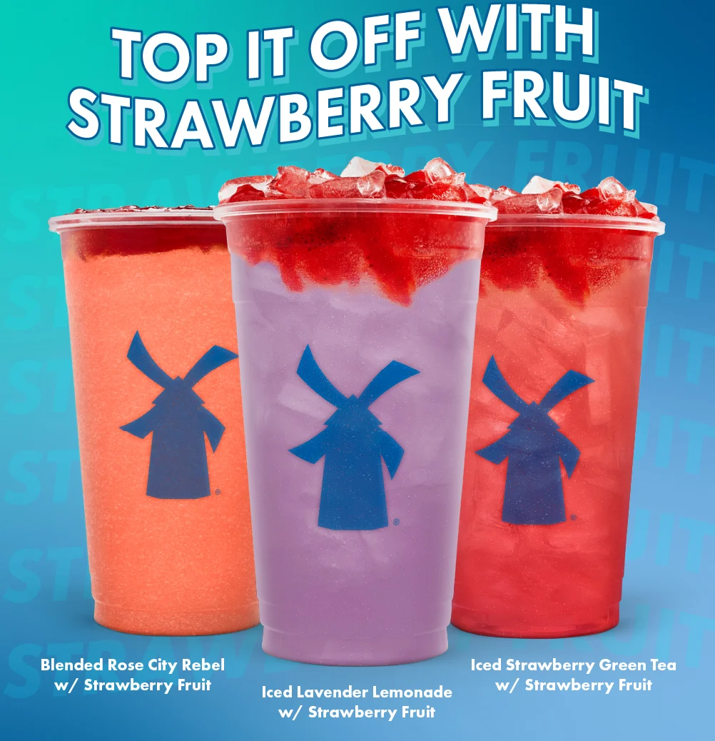 Top It Off With Strawberry Fruit | Blended Rose City Rebel w/ Strawberry Fruit, Iced Lavender Lemonade w/ Strawberry Fruit, Iced Strawberry Green Tea w/ Strawberry Fruit
