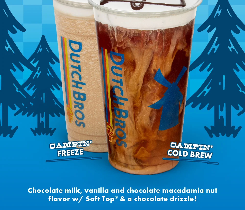 Campin' Freeze | Campin' Cold Brew | Chocolate milk, vanilla and chocolate macadamia nut flavor w/ Soft Top® & a chocolate drizzle!