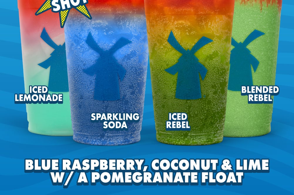 Iced Lemonade, Sparkling Soda, Iced Rebel, Blended Rebel | Blue Raspberry, Coconut & Lime w/ A Pomegranate Float