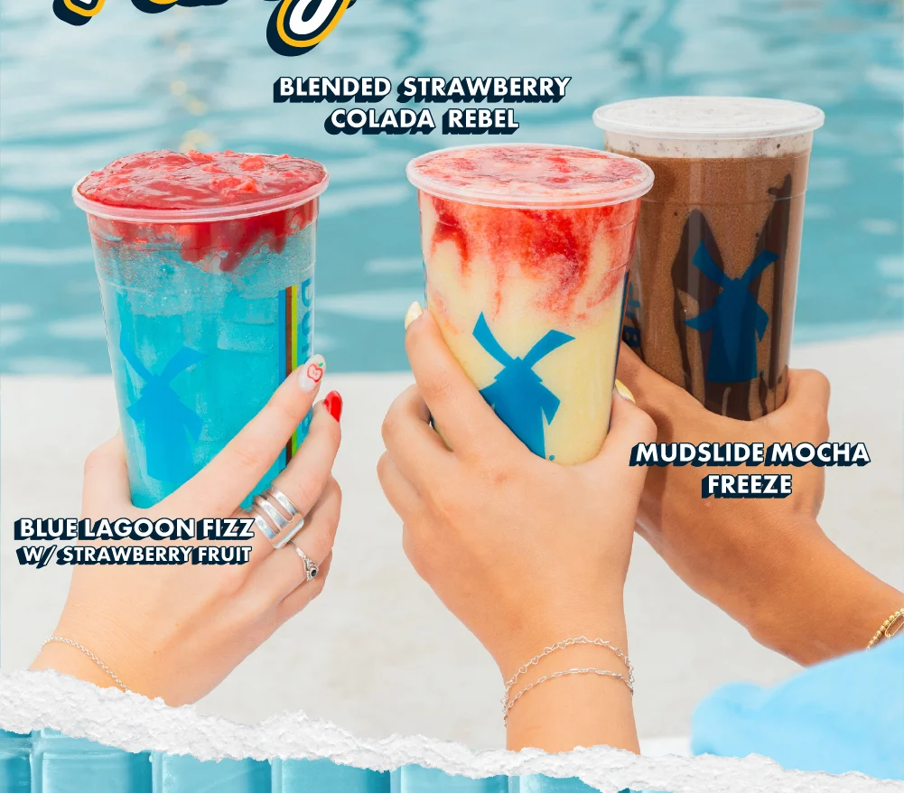 Blue Lagoon Fizz w/ Strawberry Fruit, Blended Strawberry Colada Rebel, Mudslide Mocha Freeze 
