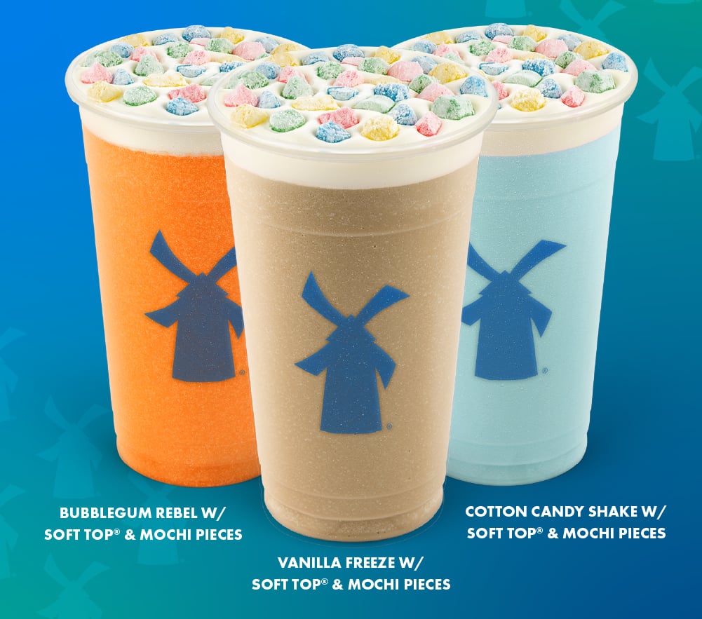 Bubblegum Rebel w/ Soft Top® & Mochi Pieces, Vanilla Freeze w/ Soft Top® & Mochi Pieces, Cotton Candy Shake w/ Soft Top® & Mochi Pieces
