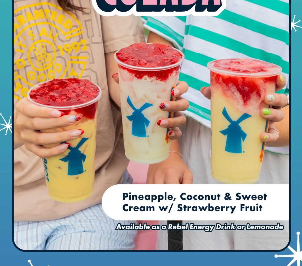 Pineapple, Coconut & Sweet Cream w/ Strawberry Fruit | Available as a Rebel Energy Drink or Lemonade 