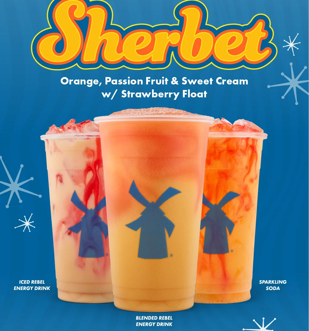 Sherbert | Orange, Passion Fruit & Sweet Cream w/Strawberry Float | Iced Rebel Energy Drink, Blended Rebel Energy Drink, Sparkling Soda