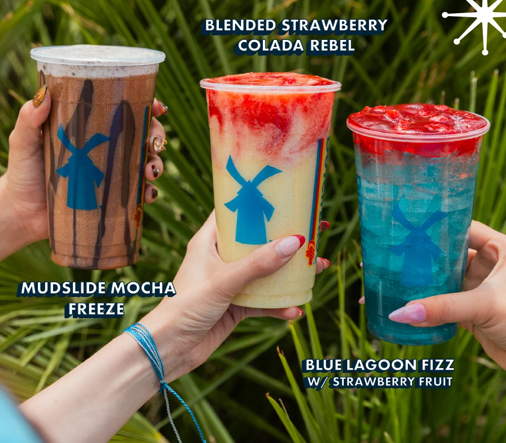 Mudslide Mocha Freeze, Blended Strawberry Colada Rebel, Blue Lagoon Fizz w/ Strawberry Fruit