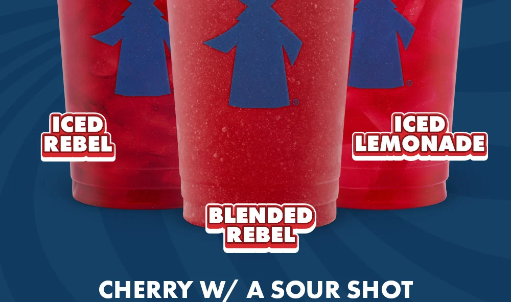 Three Red Drinks Pictured - Two Iced One Blended | Iced Rebel, Blended Rebel, Iced Lemonade | Cherry W/ A Sour Shot