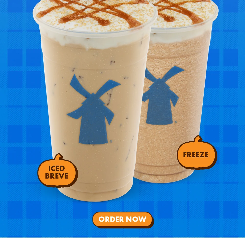 Two iced coffee drinks pictured against blue plaid background | Button that reads: Order Now | Click to open Dutch Bros app
